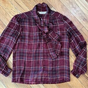 Vintage Christian Dior Sportswear Burgundy Plaid Silk Pussybow Blouse Size 6